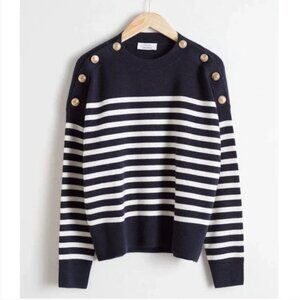 & Other Stories Stripe Knit Nautical Sailor Wool Button Jumper Sweater Blue M